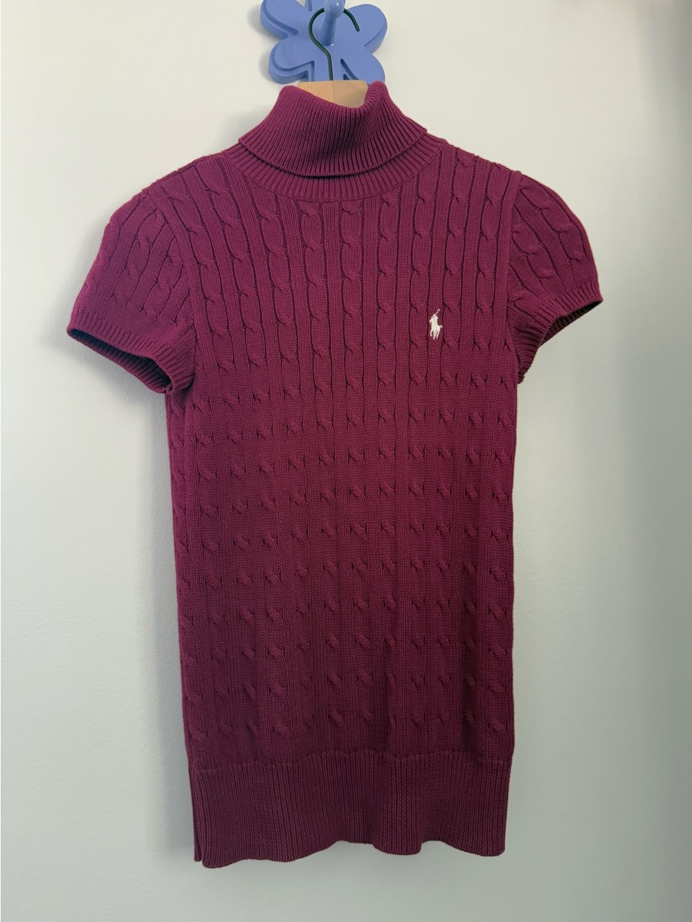 Ralph Lauren M Turtleneck Short Sleeve Cable Knit Sweater Plum Magenta Classy